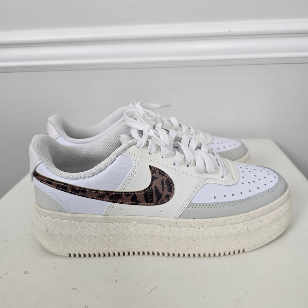 Nike White and Gray Sneakers with Leopard Print Swoosh